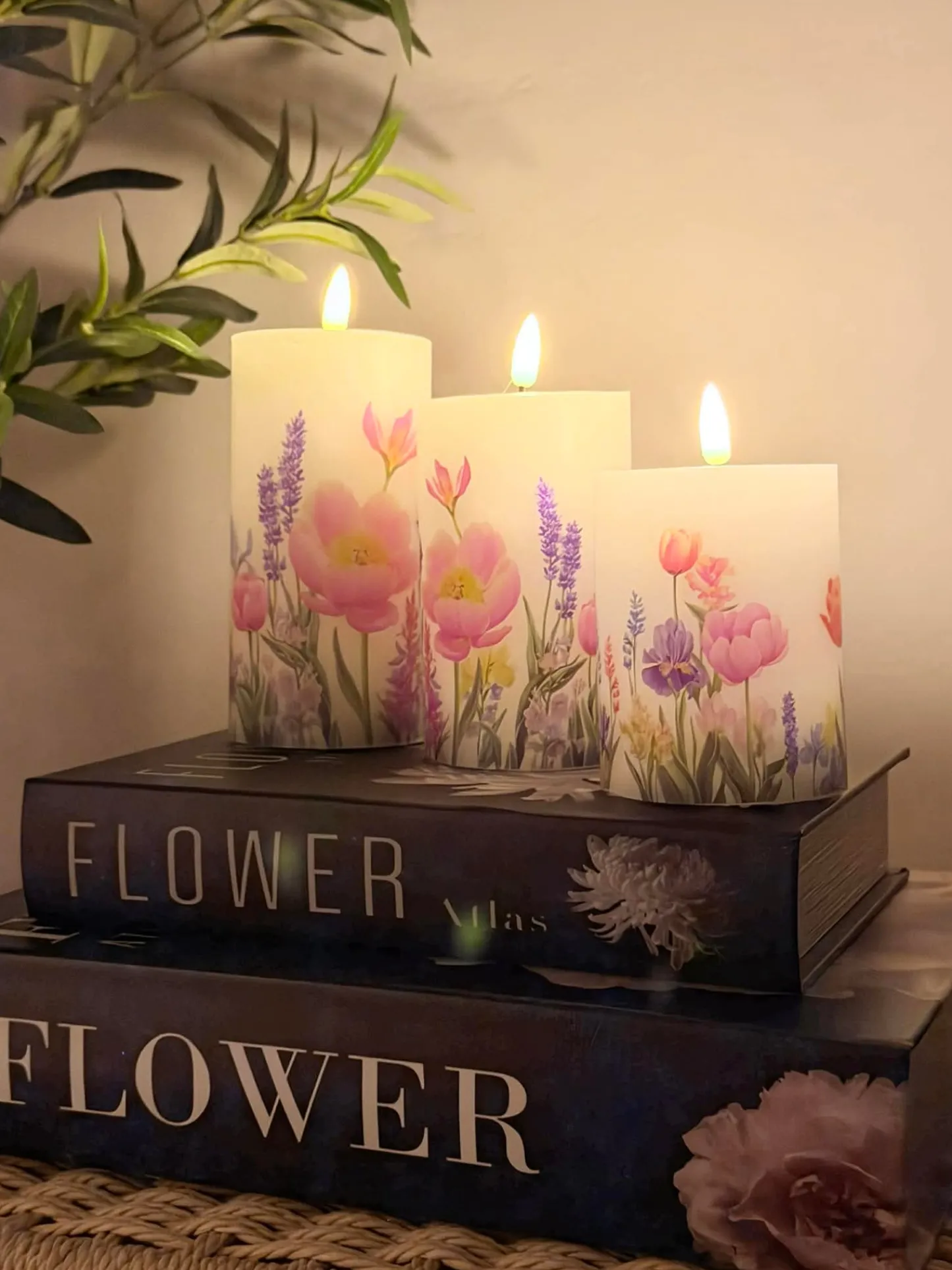 VIAMAJA LED bloklys Blomster – Sæt m. 3 stk og fjernbetjening New