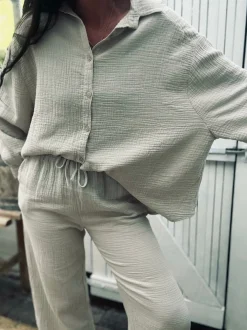 VIAMAJA Sæt med vaflet skjorte og bukser – Lys beige bomuld Hot