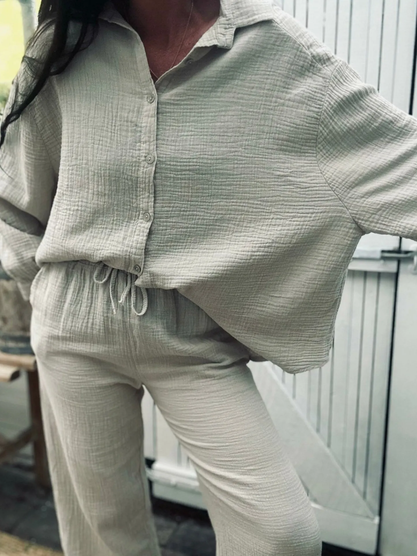 VIAMAJA Sæt med vaflet skjorte og bukser – Lys beige bomuld Hot