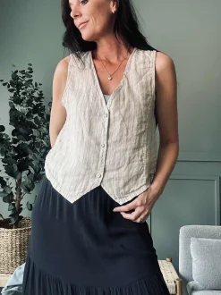 VIAMAJA Vest beige strib - Hør Clearance